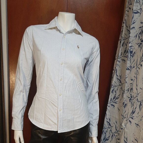Ralph Lauren Slim Fit Cotton Button Down Blue and White Striped Size 2 - Picture 2 of 8